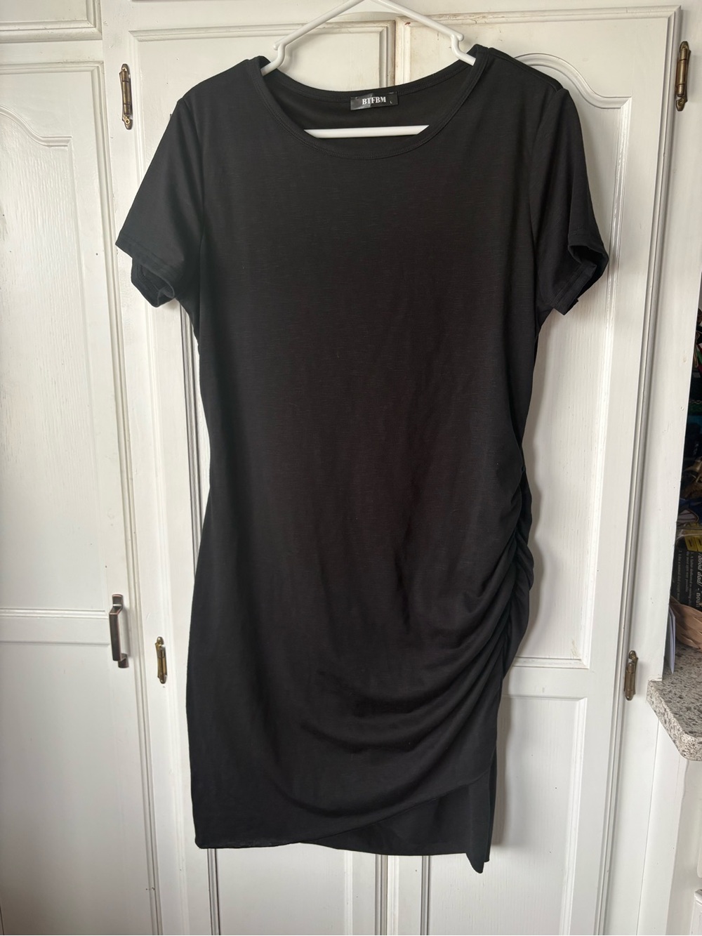 Ruched Side Black Mini Dress - Casual Short Sleeve
